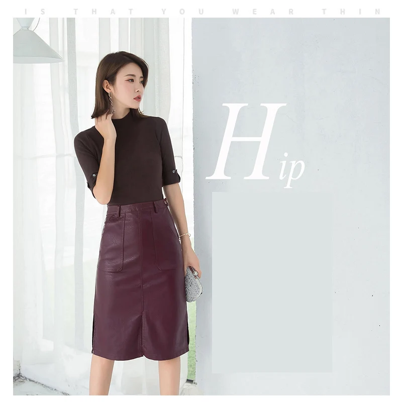 Для женщин Искусственная кожа юбка 2017 миди женские осенние красные черные Цвет