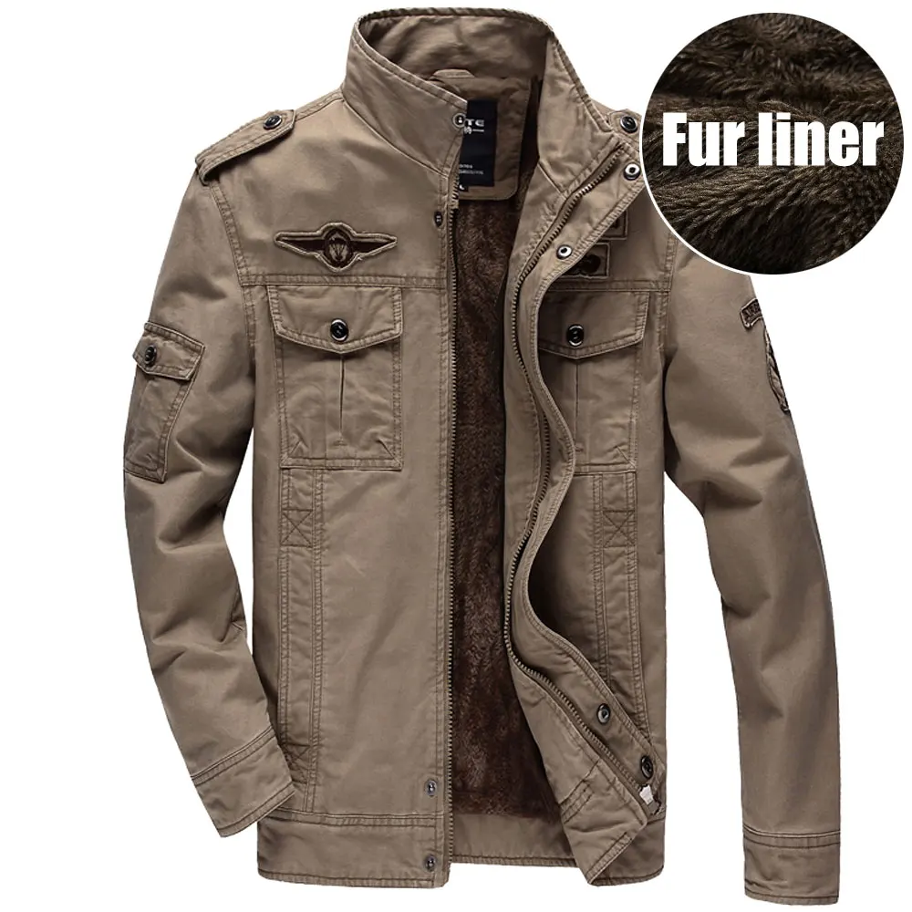 Fur liner Khaki Повседневные мужские военные армейские куртки размера плюс 6XL бренд дизайн летающая верхняя одежда Хлопковая мужская куртка с вышивкой для зимы - Цвет: Fur liner Khaki