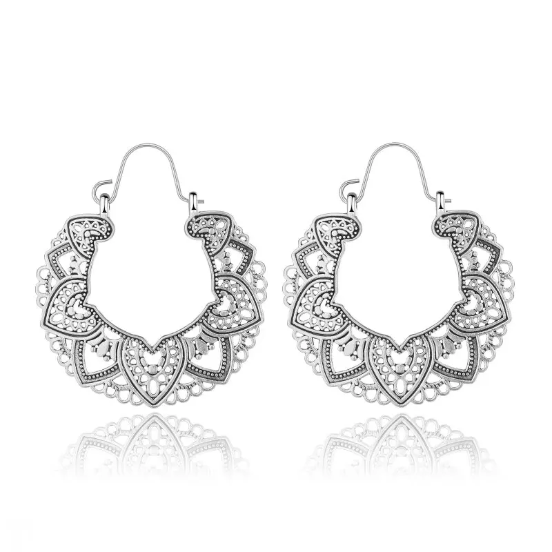 antique silver Индийские племенные латунные серьги, висячие серьги в форме цветка, украшенные вихрем «цыганские» серьги для женщин, богемные Винтажные серьги 2019GE05 - Окраска металла: antique silver