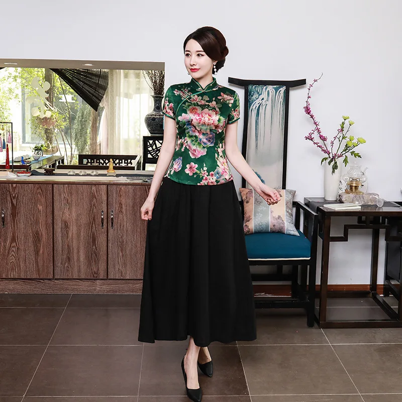 Китайский летние топы женские шелковые футболки костюмы для выпускных вечеров