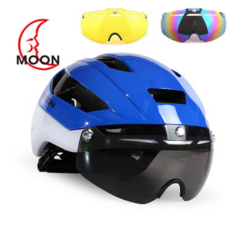 Blue with 2 lens 3 линзы Aero TT велосипедный шлем в форме MTB велосипед спортивные защитные очки шлем для мужчин для верховой езды гоночный дорожный время-пробный велосипедный шлем - Цвет: Blue with 2 lens