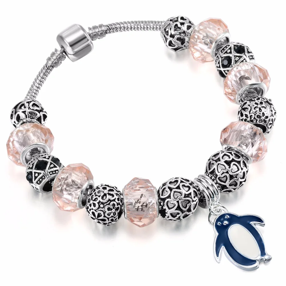 Cxwind Fashion Pink Glass Heart Beads Bracelet Cute Penguin Pendant Snake Chain Bangles for Women Girl Summer Jewelry | Украшения и
