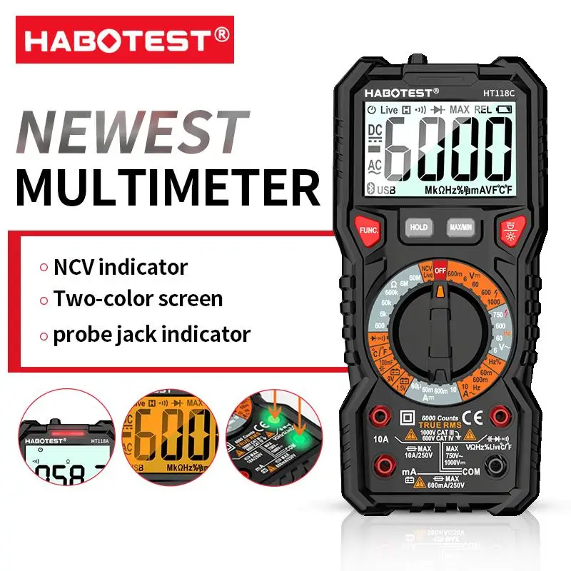 HABOTEST HT118A / C / D Цифровой мультиметр Автоматический диапазон NCV True RMS AC / DC 6000 отсчетов Двухцветный экран Индикатор напряже