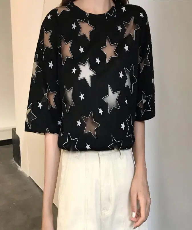 2018 new summer star hollow out loose mesh t-shirt | Женская одежда