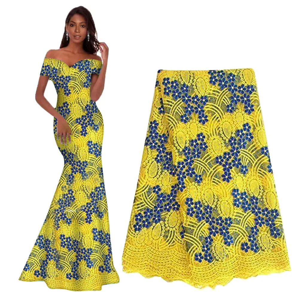 5 ярдов африканская кружевная ткань желтый синий французский чистая с камнями - Фото №1