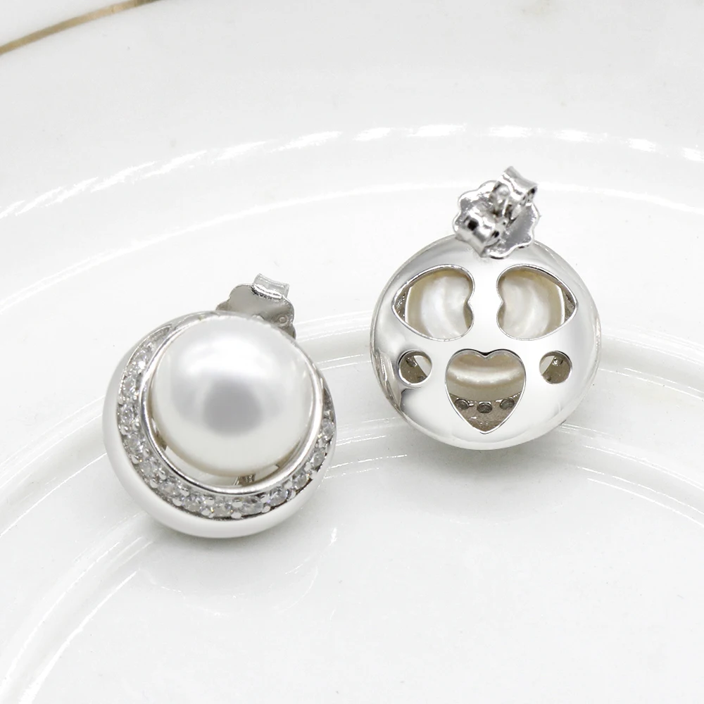 Pearl Earrings 925 Sterling Silver Freshwater with Clear CZ Stud Classic Jewelry Accessories for Women Gift|Серьги-гвоздики| |