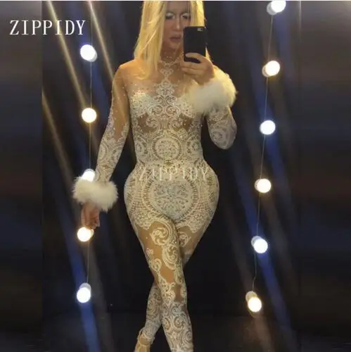 Fashion Shining White Lace Rhinestones Bodysuit Female Singer Stage Costume Party Celebrate Glisten Stones Stretch Nude Outfit