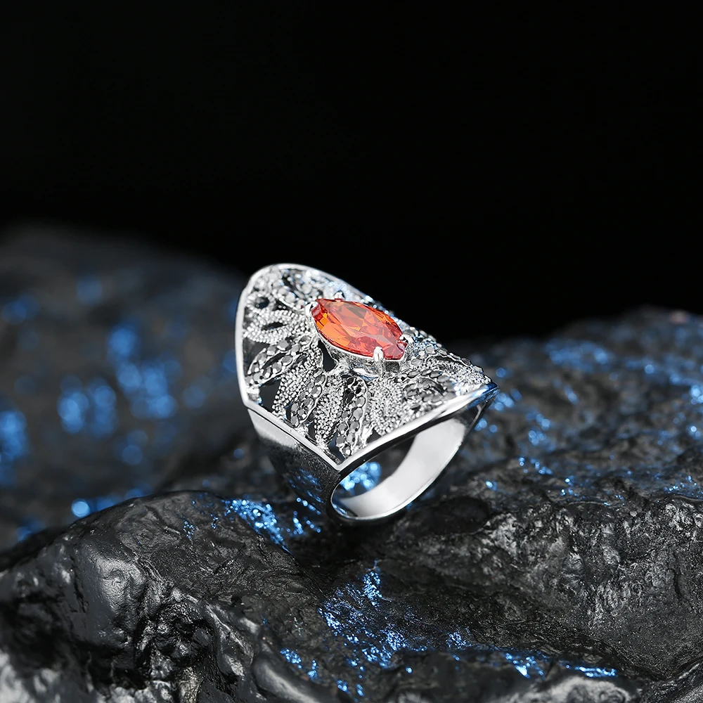 

Luxury Vintage red Cubic Zircon Hollow Leaves Big Rings For Women Wedding Engagement party Antique Silver Color J02845