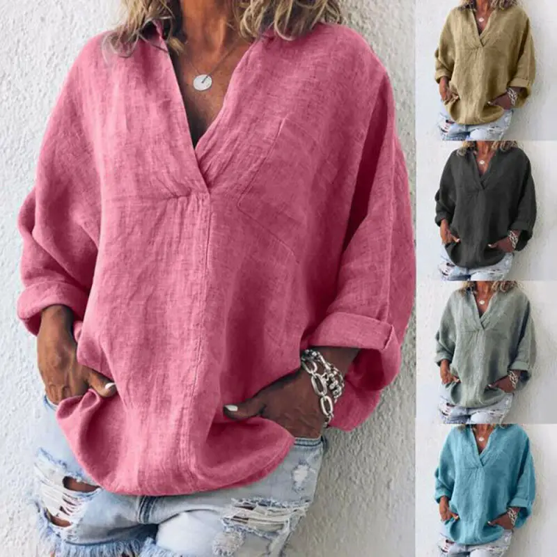 

Plus Size Women Oversize Cross V Neck Shirt Tops Ethnic Solid Blouse Jumper Tops