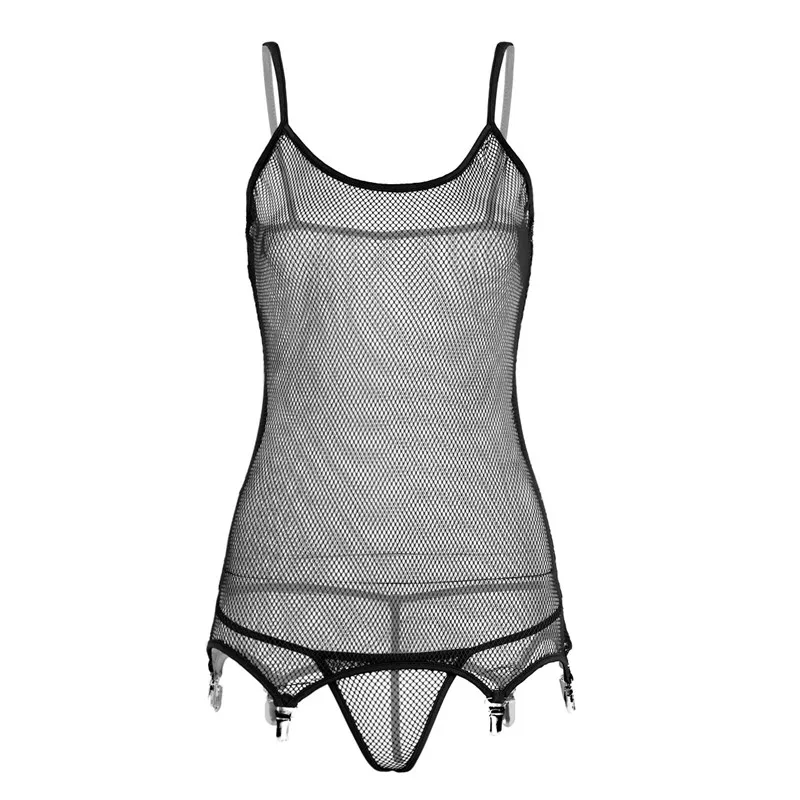 Black 2Pcs Sexy Women Fishnet Lingerie Spaghetti Shoulder Straps Corset with Suspenders Clips Stockings Teddy Bodysuit with Briefs - Цвет: Black
