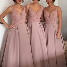 2020 Long Bridesmaid Dress V-Neck Sleeveless Backless Floor Length Crystal 2017 A-Line Bridesmaids D