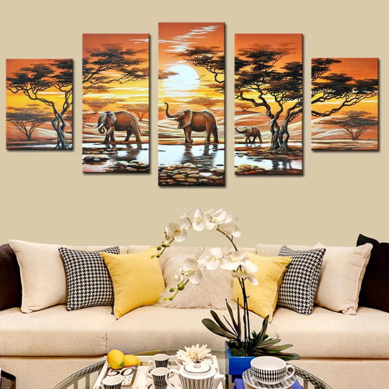Ручная роспись 5 шт. Холст Искусство Слон живая африканская Современная
