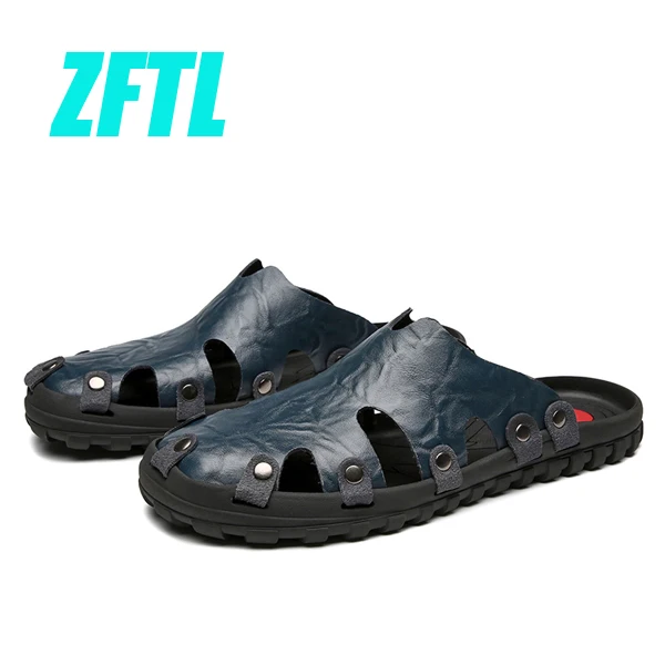 blue slippers ZFTL/Новинка; мужские шлепанцы; Мужские Пляжные Шлепанцы из натуральной кожи; мужские повседневные Летние уличные тапочки; Мужская нескользящая обувь; большие размеры; 082 - Цвет: blue slippers