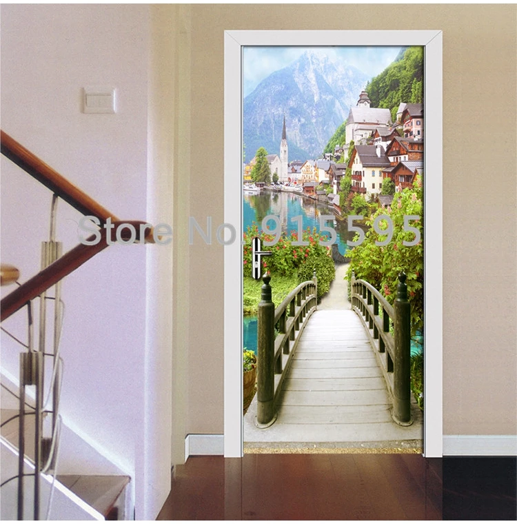 Европейский деревянный мост, древний город, пейзаж, наклейки на дверь, 3D обои для гостиной, спальни, ПВХ, водонепроницаемые наклейки на дверь, 3D Фреска