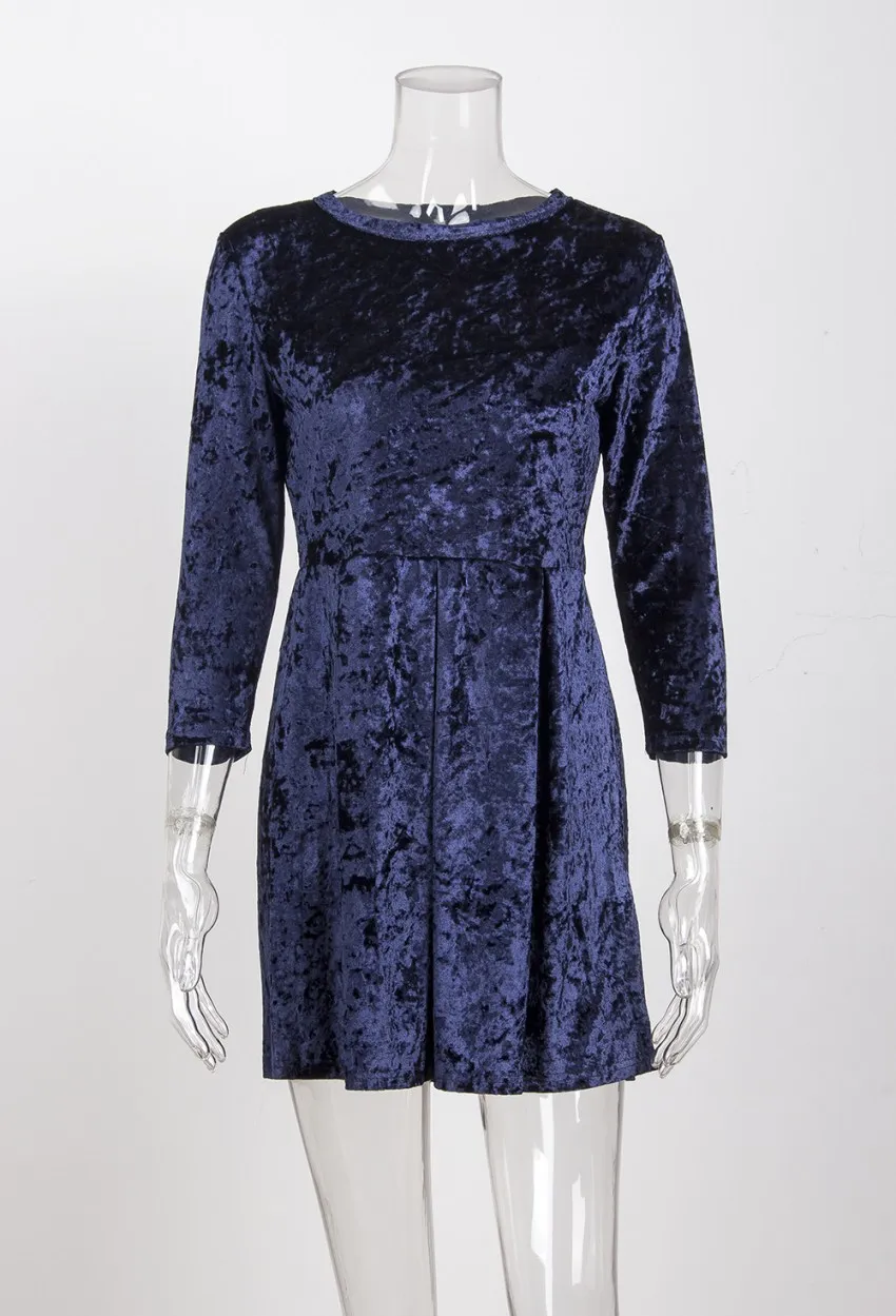 navy blue Misshow, осенне-зимнее элегантное женское платье с круглым вырезом, рукав до локтя, раздробленный велюр, повседневная женская одежда, теплое бальное платье - Цвет: navy blue