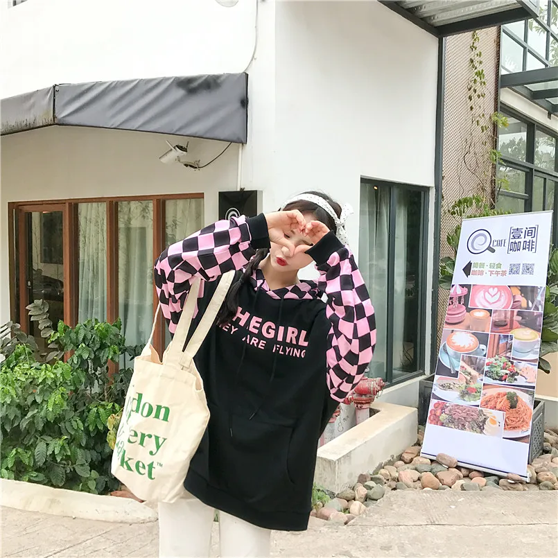 Осенняя Новинка Harajuku winte Корея ulzzang уличная мода свободные клетчатые сшитые буквы печатные повседневные топы с капюшоном шикарная Толстовка