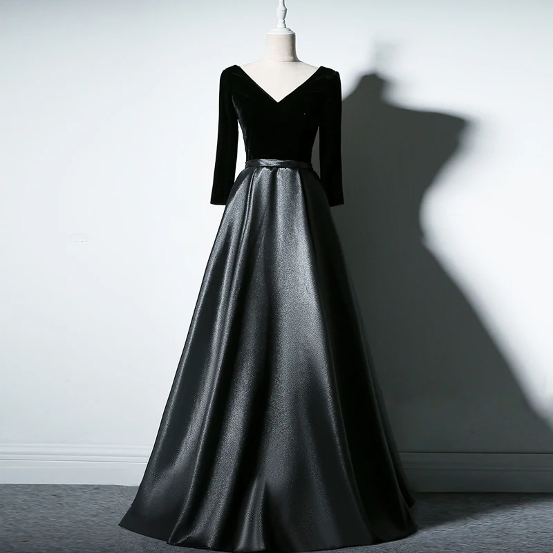 

Новое черное атласное длинное вечернее платье с V-образным вырезом, простые винтажные платья для выпускного вечера, дешевое вечернее платье...