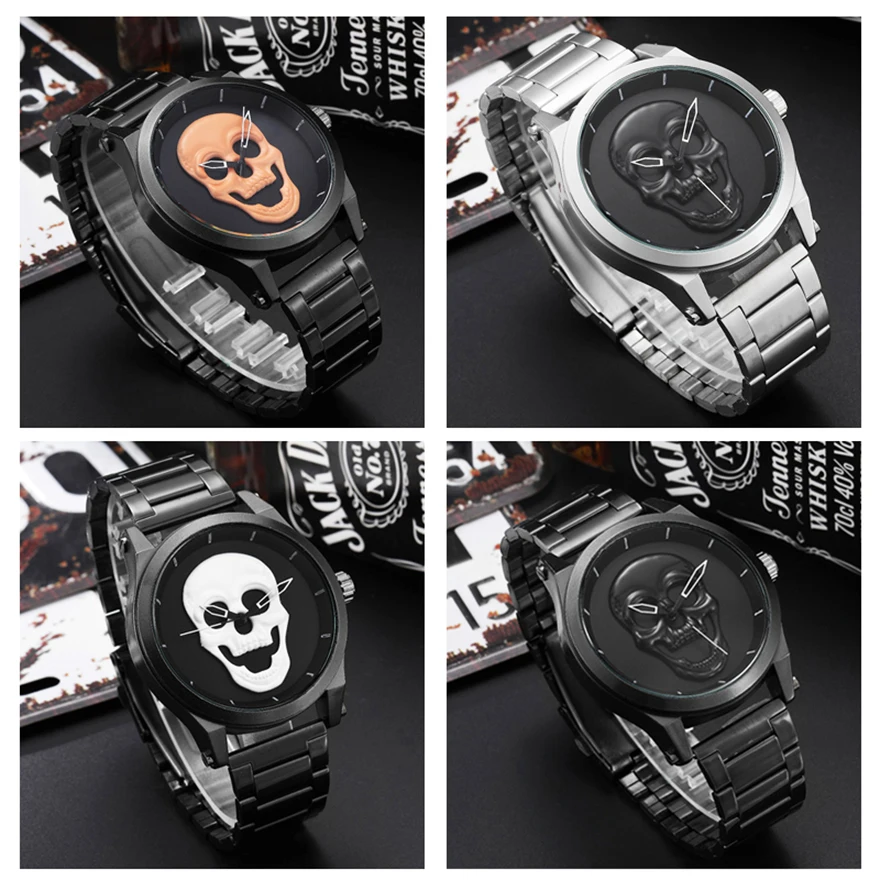 Роскошные мужские часы с черепом, стимпанк reloj hombre, гравировка, нержавеющая сталь, кварцевые мужские Креативные мужские наручные часы, Relogio Masculino