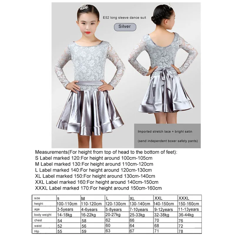 Silver Long sleeve Новое платье для латиноамериканских танцев для девочек, бальная юбка для девочек, платье для девочек, атласная яркая атласная ткань, танцевальная юбка, костюм, танцевальная одежда для соревнований - Цвет: Silver Long sleeve