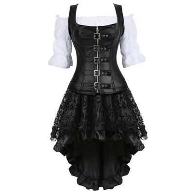 65057056black Steampunk Corset Dress for Women Three-piece Leather Corset with Skirt and Renaissance Shirt Gothic Pirate Costume Plus Size - Цвет: 65057056black