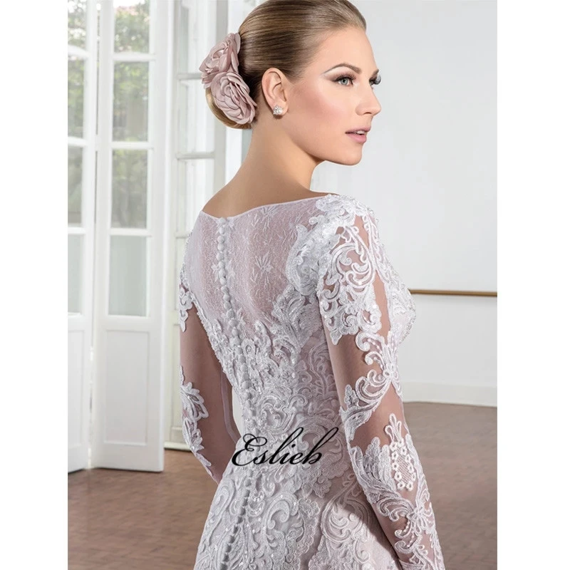 

2019 Eslieb lace appliques wedding dresses long sleeves illusion back bridal gown mermaid v neck wedding dress button HA032
