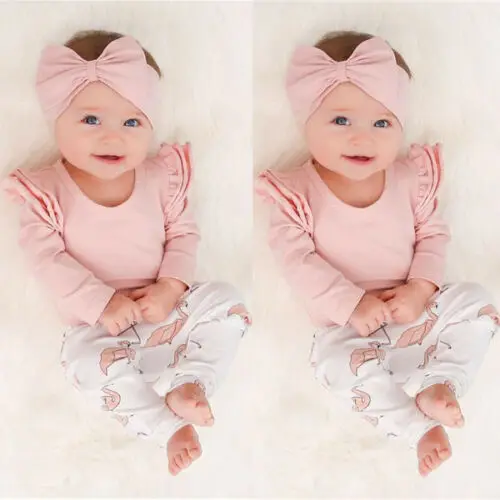 

PUDCOCO 3PCS Set Newborn Baby Kids Girl Clothes Long Sleeve Romper Shirt Tops+Flamingo Pants Headband Outfits 0-18M