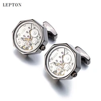 lepton functional watch movement cufflinks with glass hot sale stainless steel steampunk gear watch mechanism cufflinks for mens