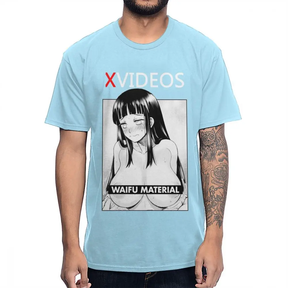 Мужская футболка XVideo, аниме Хината вайфу, материал, футболка ahegao, винтажный стиль, натуральный хлопок, круглый вырез, футболка - Цвет: Небесно-голубой