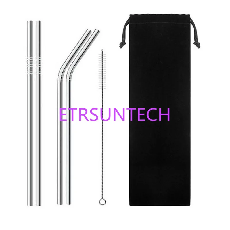 

100set/lot Eco Friendly Reusable Straw 304 Stainless Steel Straw Metal Smoothies Drinking Straws Set with Brush & Bag Wholesale