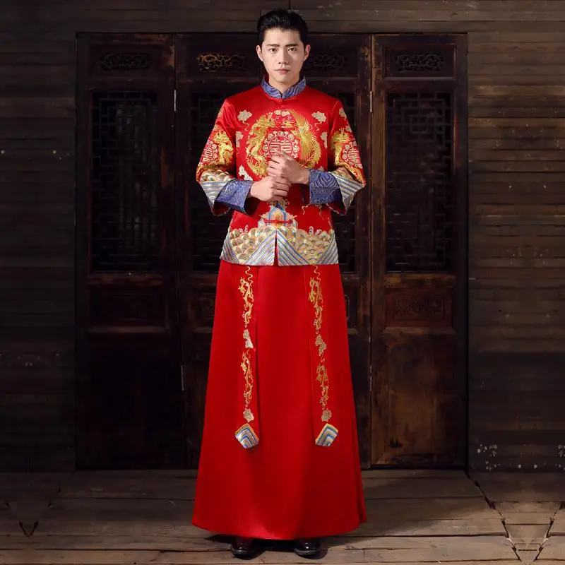 Красное официальное платье королевская свадьба cheongsam стиль костюм невесты Винтаж Китайская традиционная вышивка Феникс Тан костюм Qipao - Цвет: Mens - 1