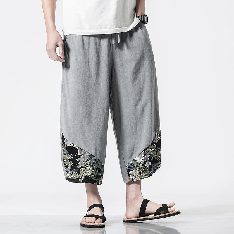 

Spring Summer New Cotton Linen Calf Length Pants Men Printed Patchwork Harem Pants Chinese style Traditional Streetwear Trousers