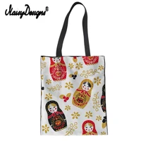 women lady shopping matryoshka doll canvas totes bags reusable cotton grocery handbags purse eco foldable trolley russian doll