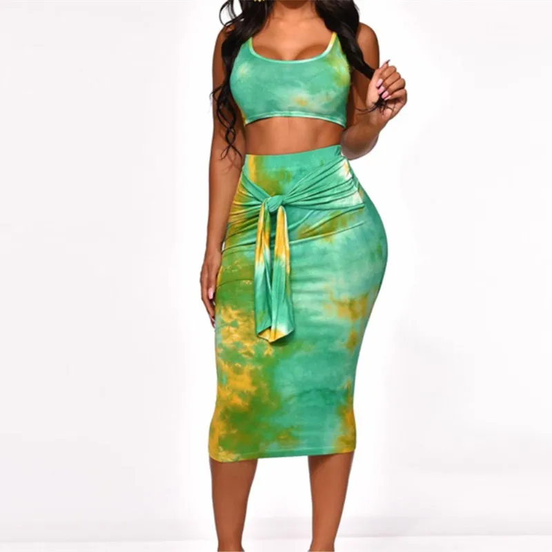 Summer Women Tie-Dye Printed Two Piece Outfits Print New Tight-Fitting Bag Hips 2 Set | Женская одежда