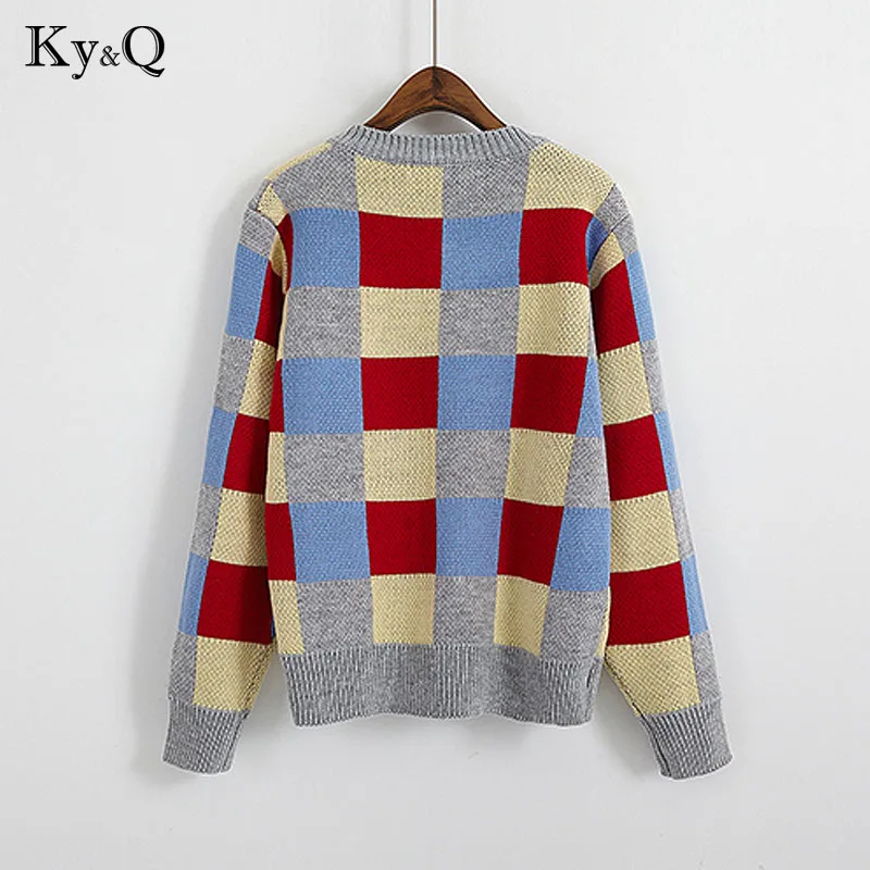 2018 Winter Colorful patchwork plaid sweaters womens sweet cardigans Long Sleeve Female Girl outwear coats Knitted Clothing |