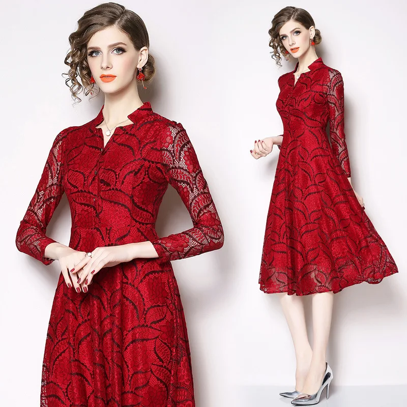 S-XXL весенне-летнее женское платье кружевное с черным листом красным цветком