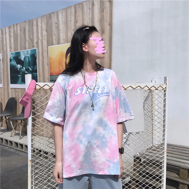 Tie Dye Gradient, большие размеры, свободные, более размера, модные, Harajuku, Женские топы с буквенным принтом, хип-хоп, короткий рукав, повседневная парная футболка - Цвет: 2