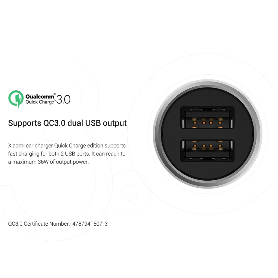 Оригинальное автомобильное зарядное устройство Xiaomi Mi QC3.0 X2 двойной USB быстрой