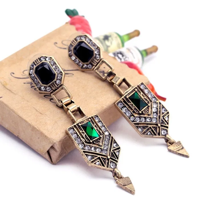

Retro stud earrings Vintage Jewelry Women New Green Crystal Cone Ear Pendants Long Stud earrings for women Factory Wholesale