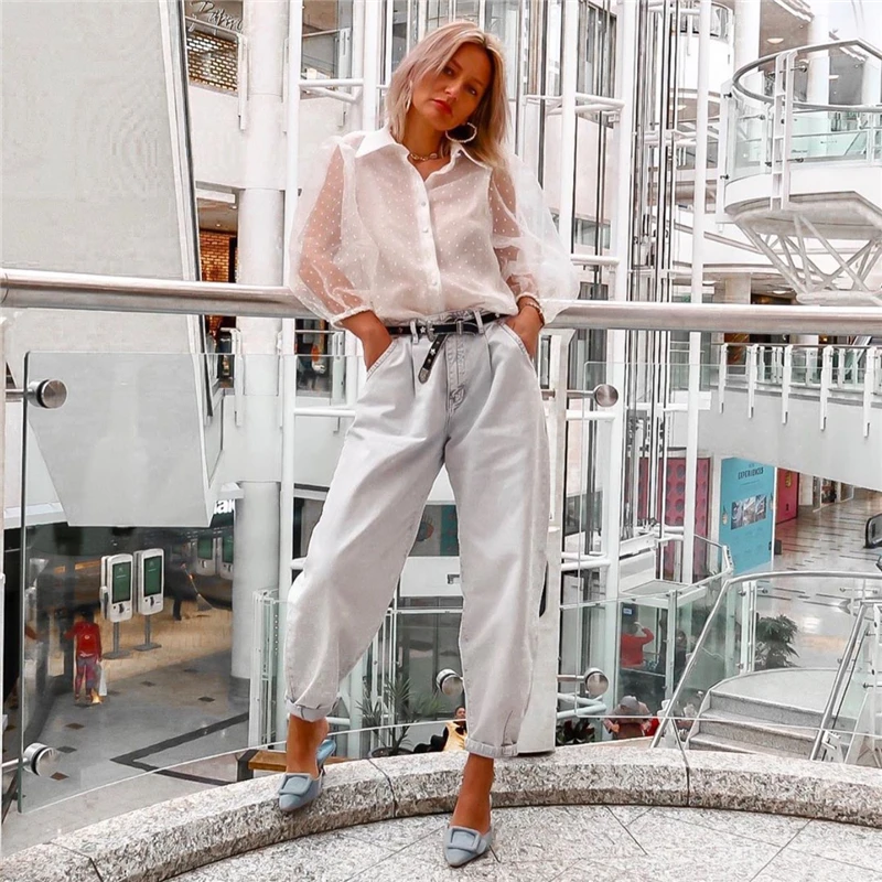 Женская блузка с рукавами фонариками однотонная облегающая в европейском стиле