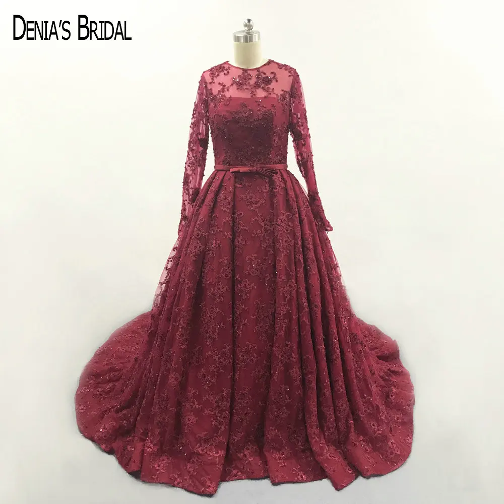 2017 бордовые кружевные вечерние платья с круглым вырезом и длинными прозрачными