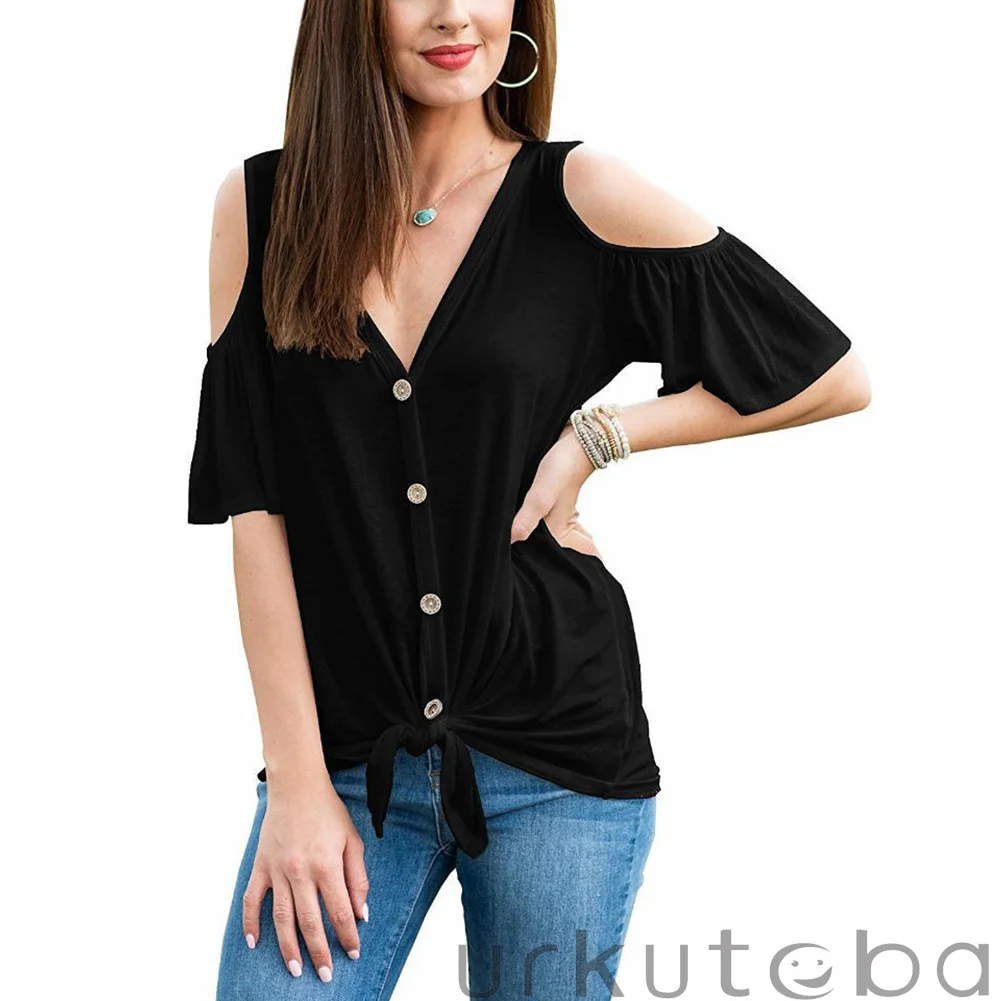 

Women's Summer Casual Cold Shoulder Short Sleeve V-Neck Loose Blouse Button Shirt Tops