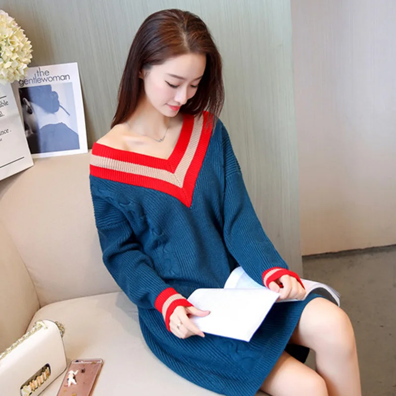 Женское вязаное платье с v-образным вырезом свободное прямое облегающее широкими