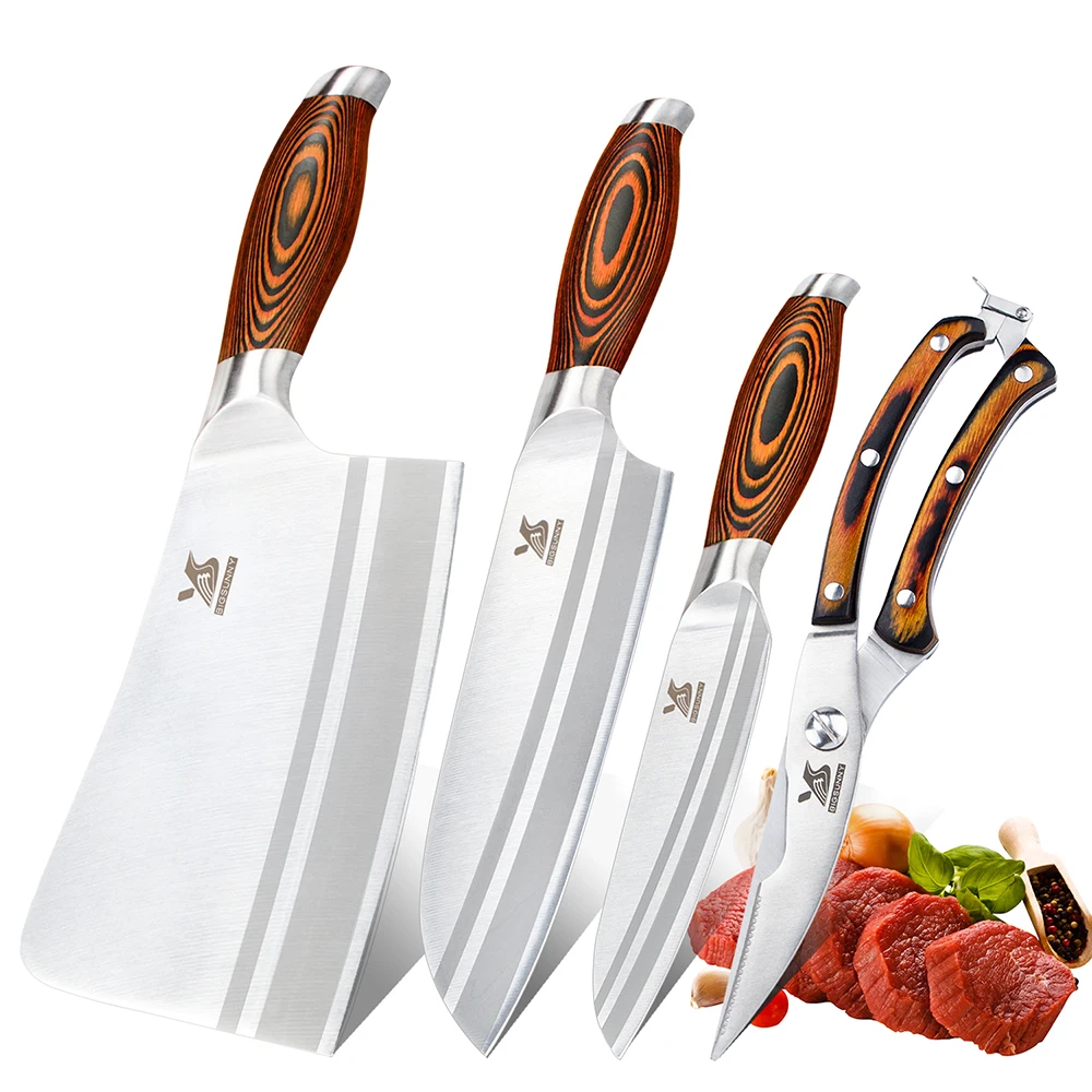 BIGSUNNY 4 Pcs Kitchen Knife Set 7"Chopper 7"Santoku Knife 5"Utility and Kitchen Shears for Easy Cutting& Slicing Multipurpose