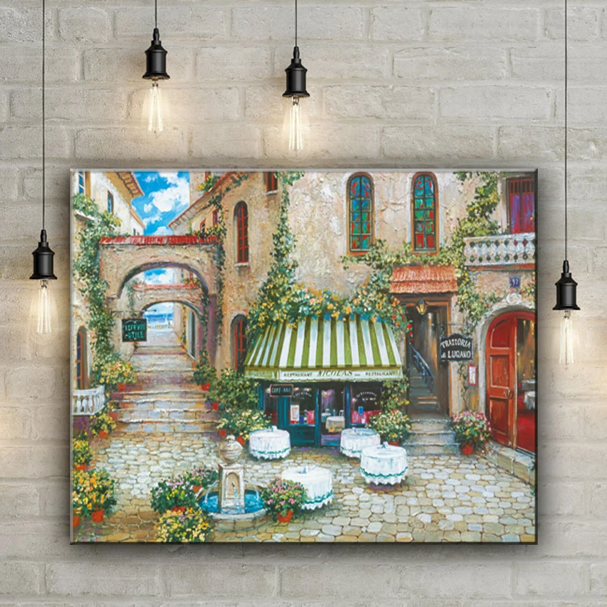 Средиземноморский Цветок Сад кофейный дом пейзаж холст печать масляная живопись