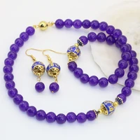 new arrival special 8mm purple jades semi precious stone chalcedony round beads necklace bracelet earrings set jewelry b2676