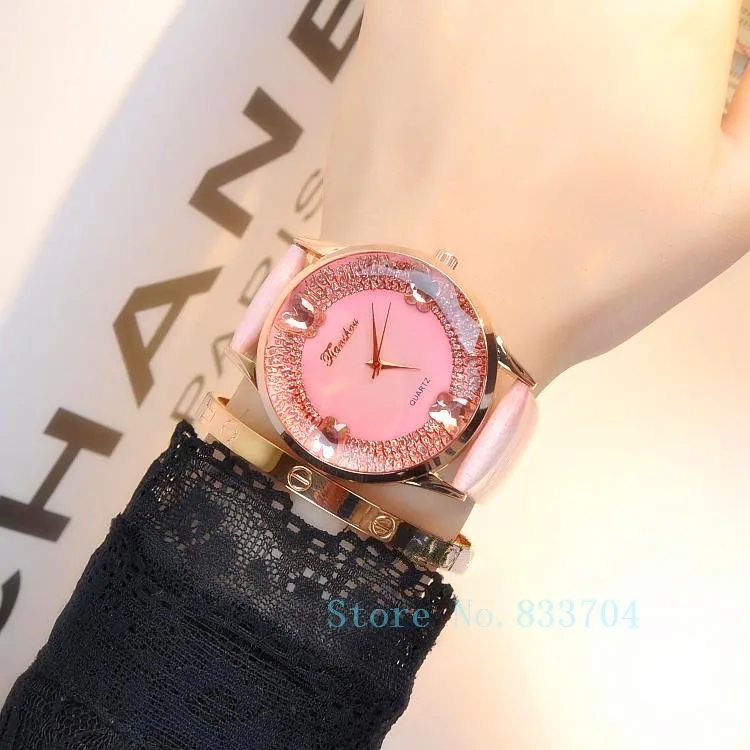 Роскошные Алмазов Женские Часы Большой Циферблат часы Натуральной Кожи Дамы