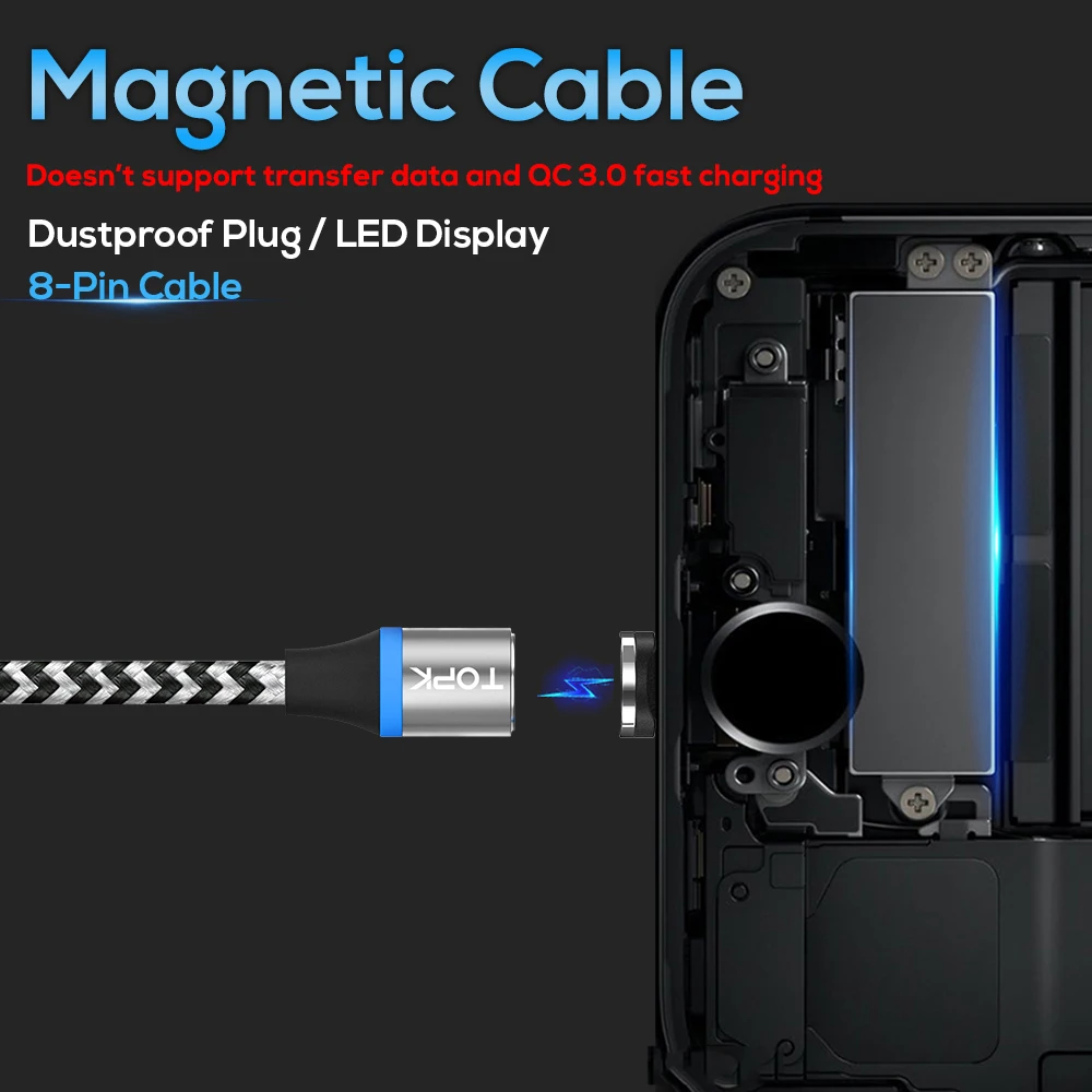 TOPK RLine R Led Магнитный кабель для iPhone X 8 7 6 плюс 5 5S SE iPad Плетеный Нейлоновый магнит