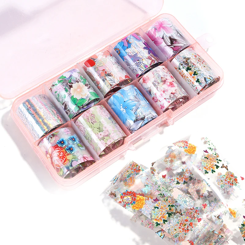 10 шт/1 коробка голографические Фольга для ногтей цветок звездное небо маникюрный