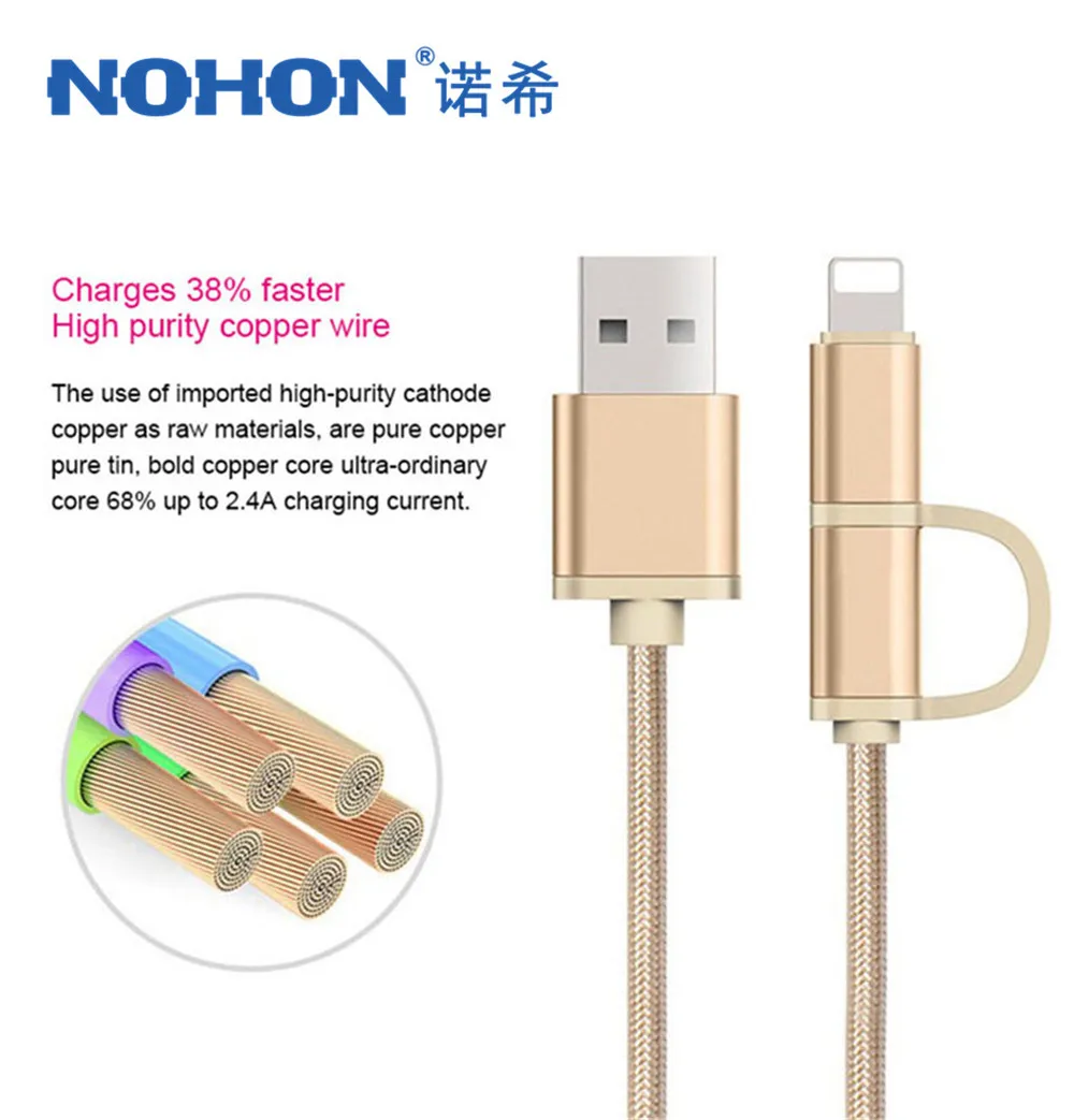 NOHON 2 в 1 Micro USB кабель для зарядки iPhone 6S 7 8 Plus X XS MAX XR кабели для быстрой зарядки для samsung Xiaomi huawei
