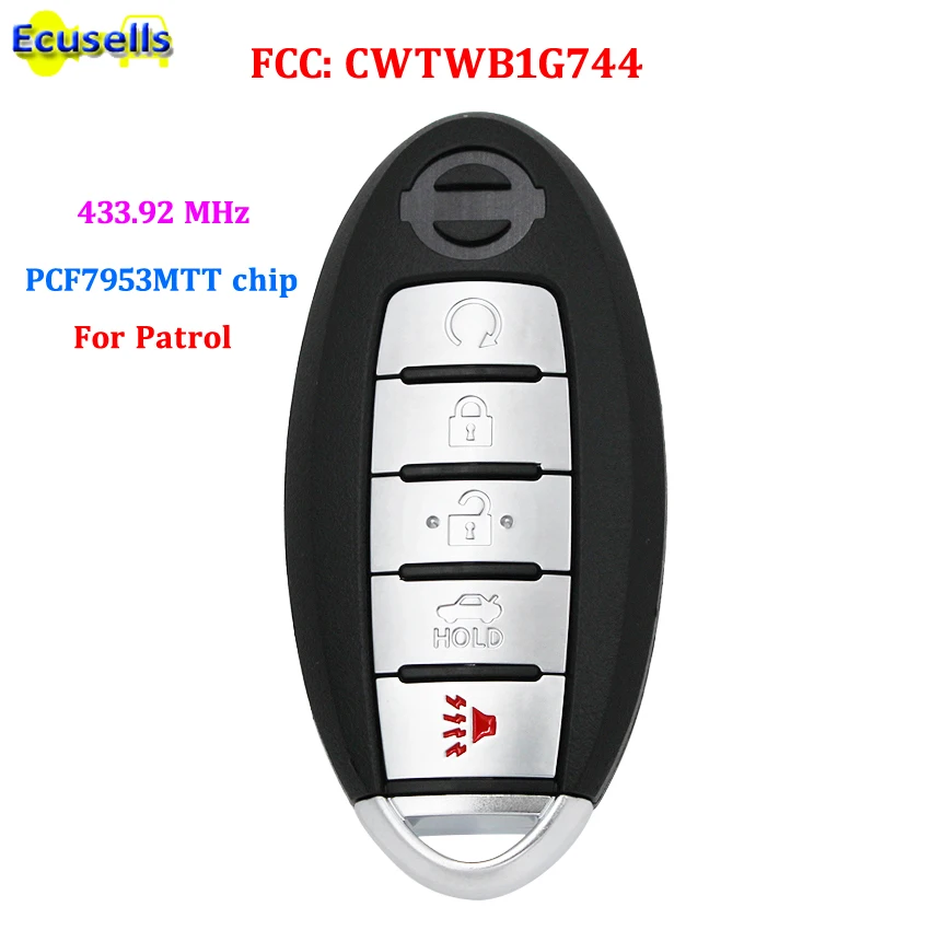 Смарт ключ 5 кнопок для Nissan Patrol 433 92 МГц с чипом 7953MTT FCCID: CWTWB1G744 аварийным
